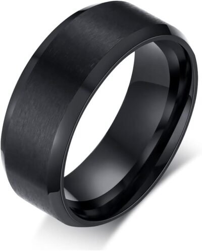 ロッキュジュエリーブランドチタンリング、メンズ、シンプル、シルバー、ゴールド、ブラック、ハイポアレルギー性、0.3インチ（8 mm）、霜、ユニセックスリング、フラットサイドカット、ファッションアクセサリー