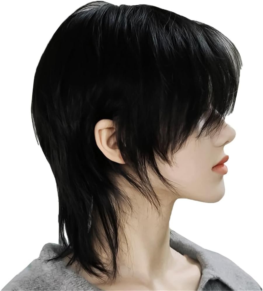ウィッグ、メンズブラックヘア、オオカミ、ウィッグ、短いウィッグ、メンズコスプレ、オオカミカット、ふわふわ、ハンサムなかつら、フルウィッグ、フルウィッグ、オオカミの髪、小さな顔、ユニセックス、ナチュラル、派手な髪、ファッション、コスプレ、毎日の使用、短い使用、短い使用