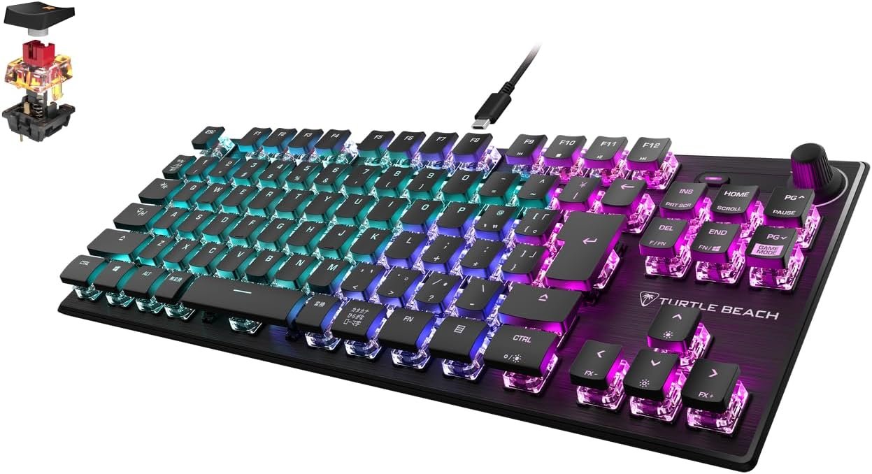 Turtle Beach Vulcan TKL Aimo JPゲームキーボード、日本のレイアウト、有線黒/黒、機械的、線形、数値キーパッドレス、RGBボリュームダイヤル、Windows 10以降