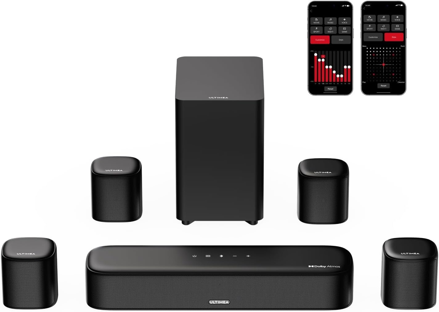 Ultimeaサウンドバー7.1Ch Dolby Atmos Surver Speaker TVサラウンドサウンドシステムアプリコントロールTV Soundbar Home Theatre with Subwoofer Support HDMI Earc/Bluetooth/Light/Aux/USB、Aura A60