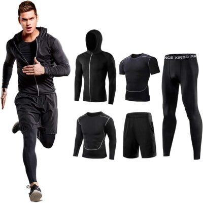 Foveitaa Men’s Compression Clothing 5ピースセット、トレーニング摩耗、通気性、臭気耐性、スポーツウェア、パーカー、長袖シャツ、半袖シャツ、ショートパンツ、タイツ、汗吸収、クイックドライ
