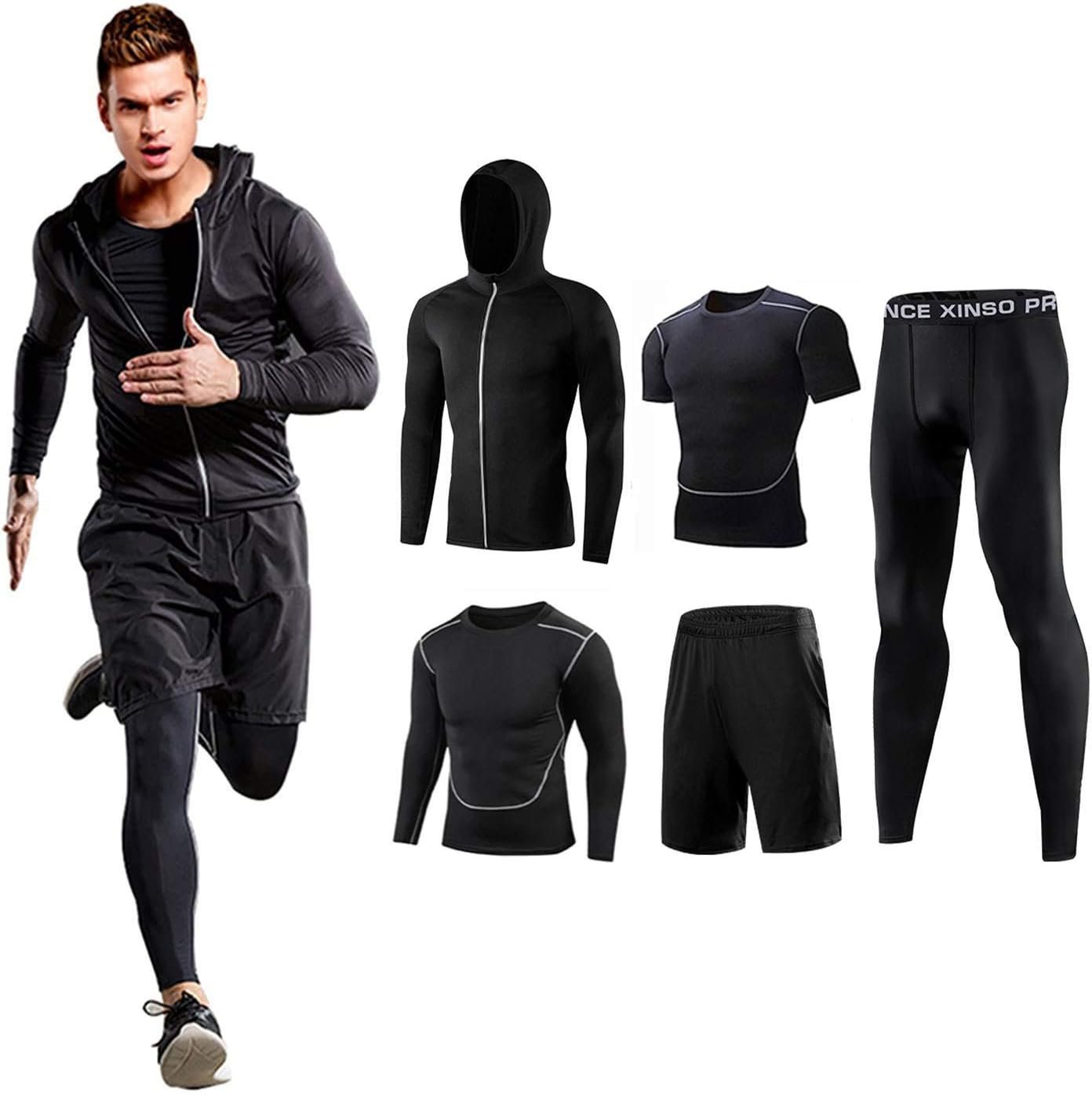 Foveitaa Men's Compression Clothing 5ピースセット、トレーニング摩耗、通気性、臭気耐性、スポーツウェア、パーカー、長袖シャツ、半袖シャツ、ショートパンツ、タイツ、汗吸収、クイックドライ
