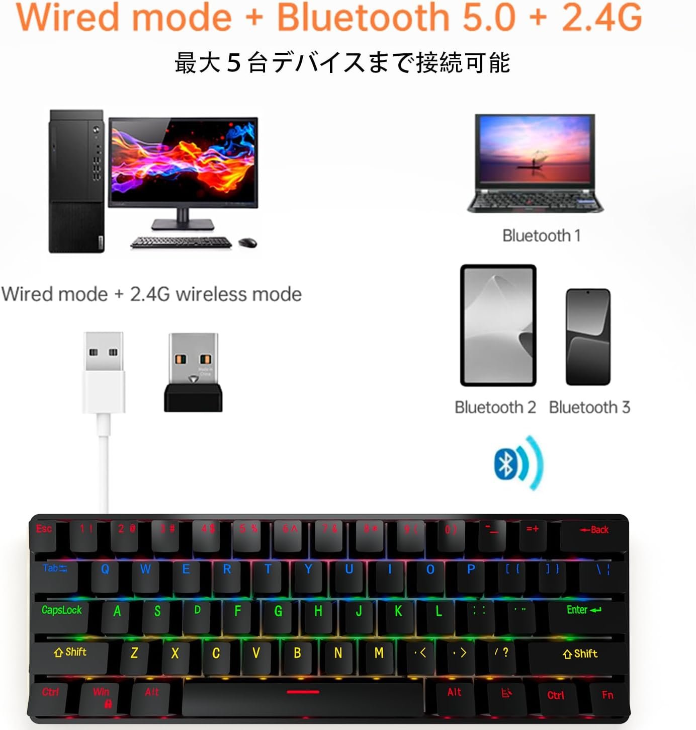 KIMOCA Mechanical Keyboard, English Layout, Mechanical Gaming Keyboard, 61 Keys, Compact, Bluetooth, Wireless, Type-C Wired, 2.4 G, Waterproof, Rechargeable, RGB LED Backlight, For Office/Gaming, - 이미지 4