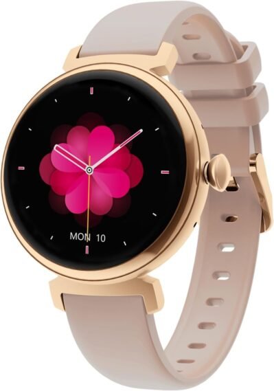 モノマムミニミュースマートウォッチ、女性、小型、丸い、iPhoneとの互換性、Android互換、ベルト幅0.6インチ（14 mm）、AMOLEDディスプレイ、アクティビティトラッカー、コールライン、着信コール