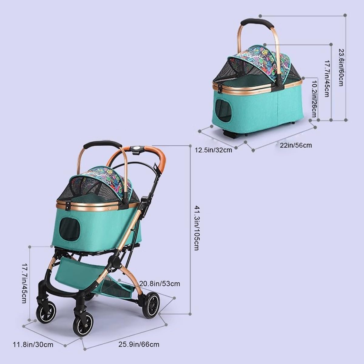 猫と犬用ペットベビーカー、片手で簡単に折りたためる、ぬいぐるみパッド取り外し可能なペットトラベルキャリアとカーシート、ペット用アルミニウムフレーム4輪トラベルベビーカー(黒) - 이미지 7