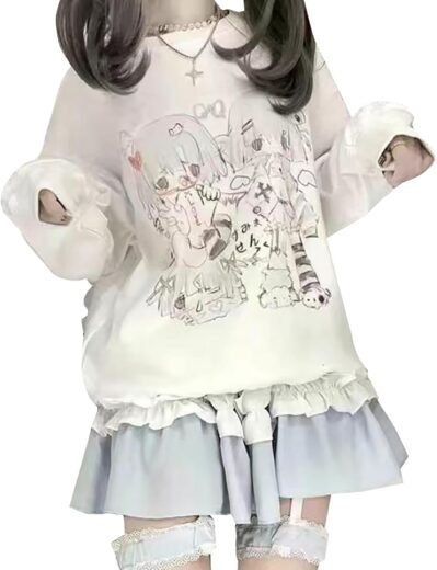 鉱山ベースのTシャツ、女性のパーカー、長袖、丸い首、プリント、女の子、かわいい、病気、白、学校スタイル、森林の女の子、プリンセススタイル、マス生産、サブカルチャースタイル、ハラジュク、ギャルの服、