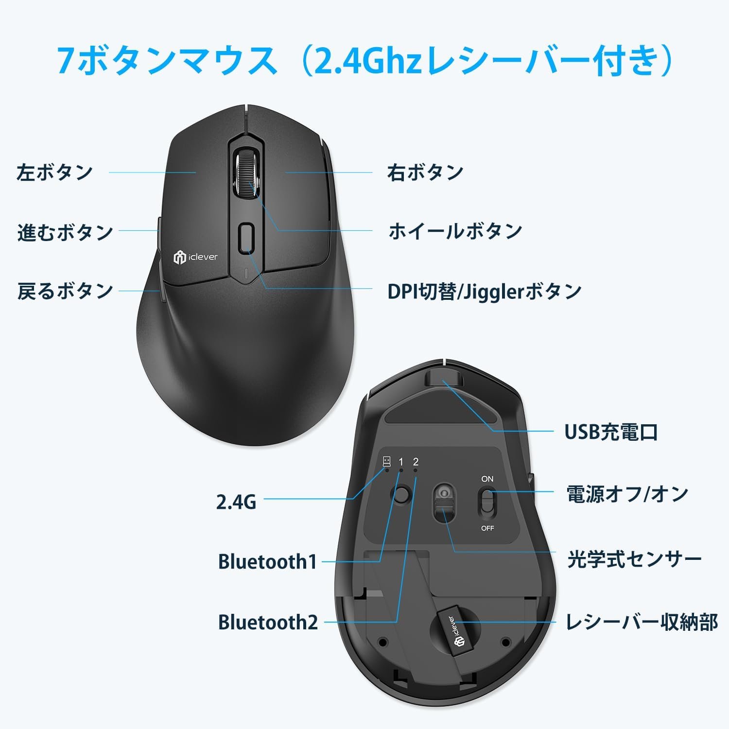 ICLEVER MD360ワイヤレスマウス、Bluetooth 5.0、2.4 GHz(受信機を含む)ジグラー、デュアルモード、タイプC充電式、バック/フォワードボタン、軽量、左/右クリック、サイレント、7ボタン、4ステップ、DPI - 이미지 9