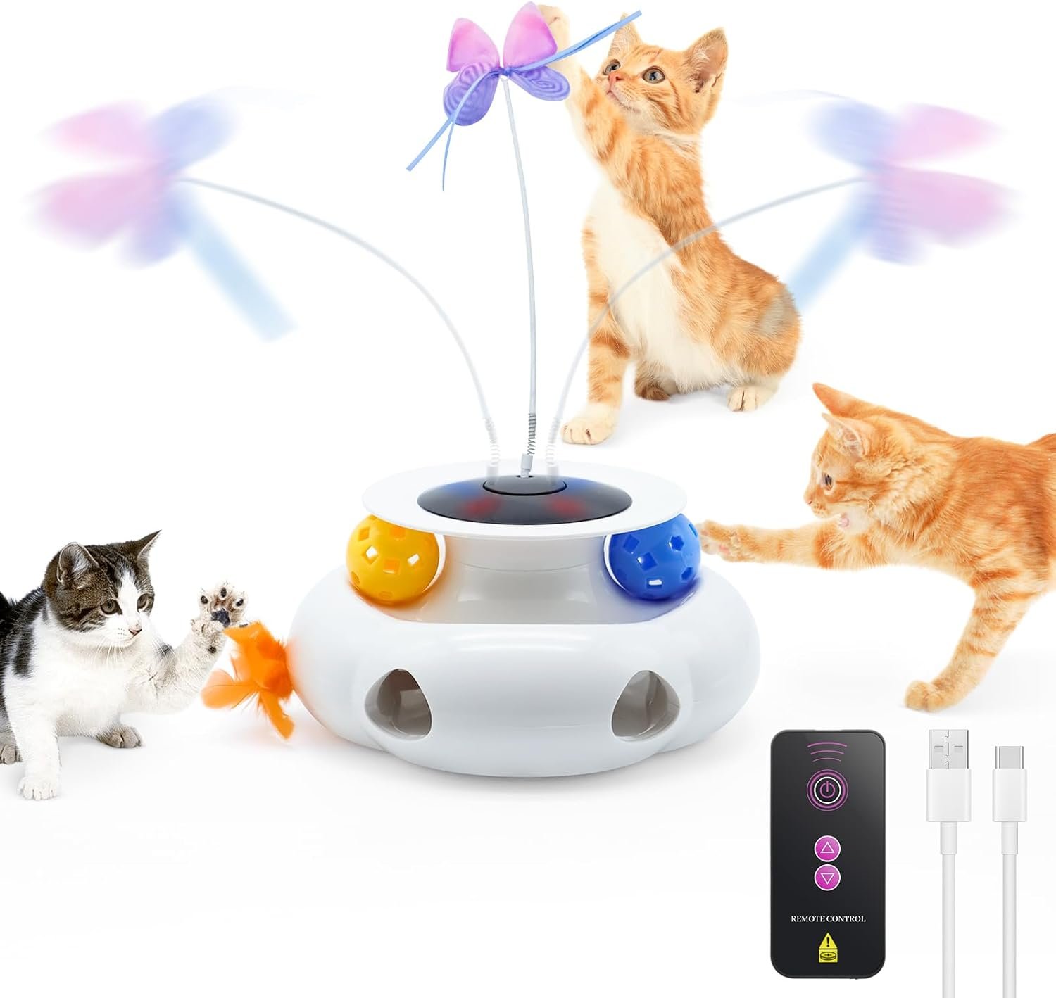 Yaleent Cat Toy、Automatic Play Alone、Fluttering Butterfly、Cat Ball、Feather Popular、4 in 1 Cat Toy、Popular、1,200 MAH、充電式電源、狩猟の本能を刺激し、排除し、