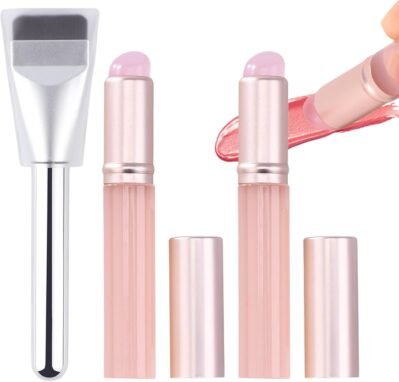 Deluxefox Lip Brush Foundation Brush 3つのシリコンメイクアップブラシ、口紅ブラシ、フラットメイクアップブラシ、コンシーラーブラシ、スキンフレンドリー、カバー、キャリー、旅行、移動、ポータブル(ピンク)