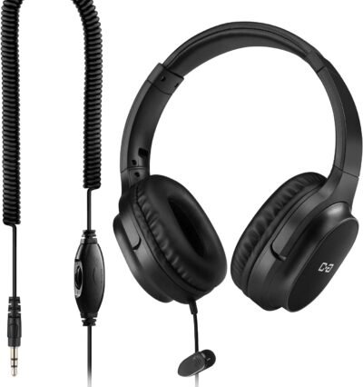 ボリュームコントロールを備えたテレビおよびPC用の余分な長いコードヘッドフォン、18フィート / 5.5m延長スプリングコイルドコード、ユニバーサル3.5mm AUXオーディオ、耳ステレオヘッドセット、CGS-W6に配線