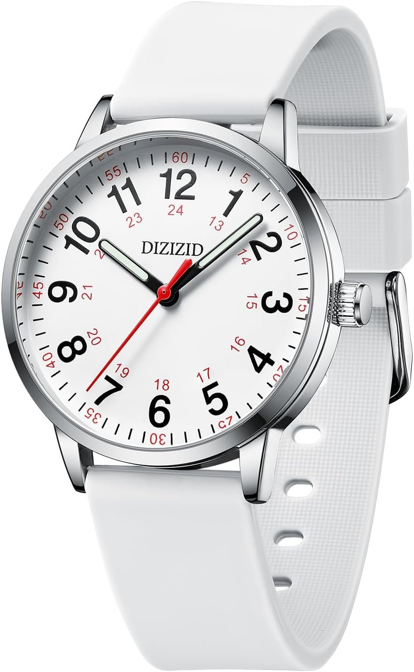 DIZIZID Men's Fashion Quartz Chronograph Watch Silicone Band 3ATM Waterproof Luminous Easy Read Dial Nurse Watch for Medical Workers Students Unisex, white, Modern