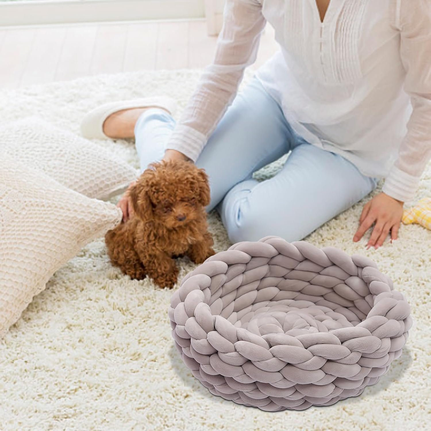 屋内猫のベッド -猫の寝室、柔らかい綿の丸い犬のバスケット | 手作りのチャンキーニットペットベッドバスケット、多目的子猫ベッド、犬の猫のための居心地の良いアームニット猫家具、( 15.7 インチ) - 이미지 5