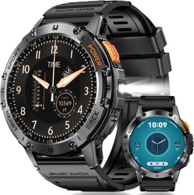 メンズスマートウォッチ、軍事仕様、衝撃プルーフ、1.43インチのAMOLED大画面、コール、530 MAH、超長寿命、130スポーツモード、IP68防水、ほこり、LEDライト、