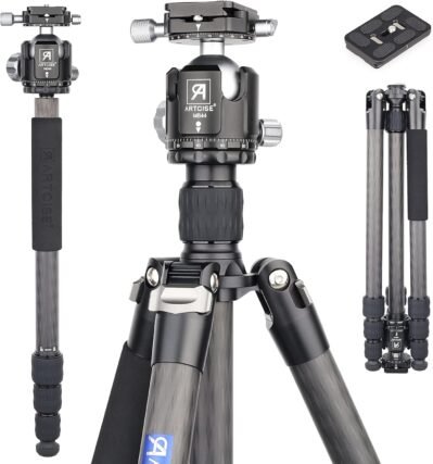 ArtCise炭素三脚、10層カーボンファイバー材料、軽量移動三脚、総高さ73.9インチ（1860 mm）、パイプ直径1.1インチ（29 mm）、4段ナットロック、360°パノラマ写真