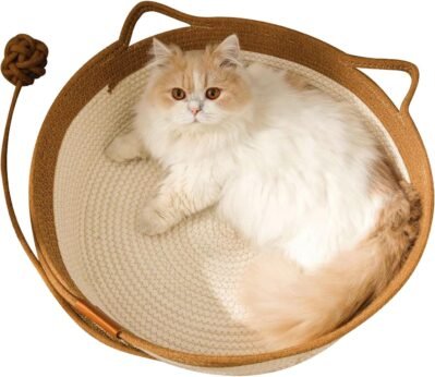 猫用バスケットベッド – かわいい耳付き編み込み猫用バスケット収納オーガナイザー| 子猫、ウサギ、小動物用の通気性マットパッド付きソフトクッションネスト | 自宅、保育室、ペットの遊び場に最適な快適な家具プロテクター | 多目的装飾ペット