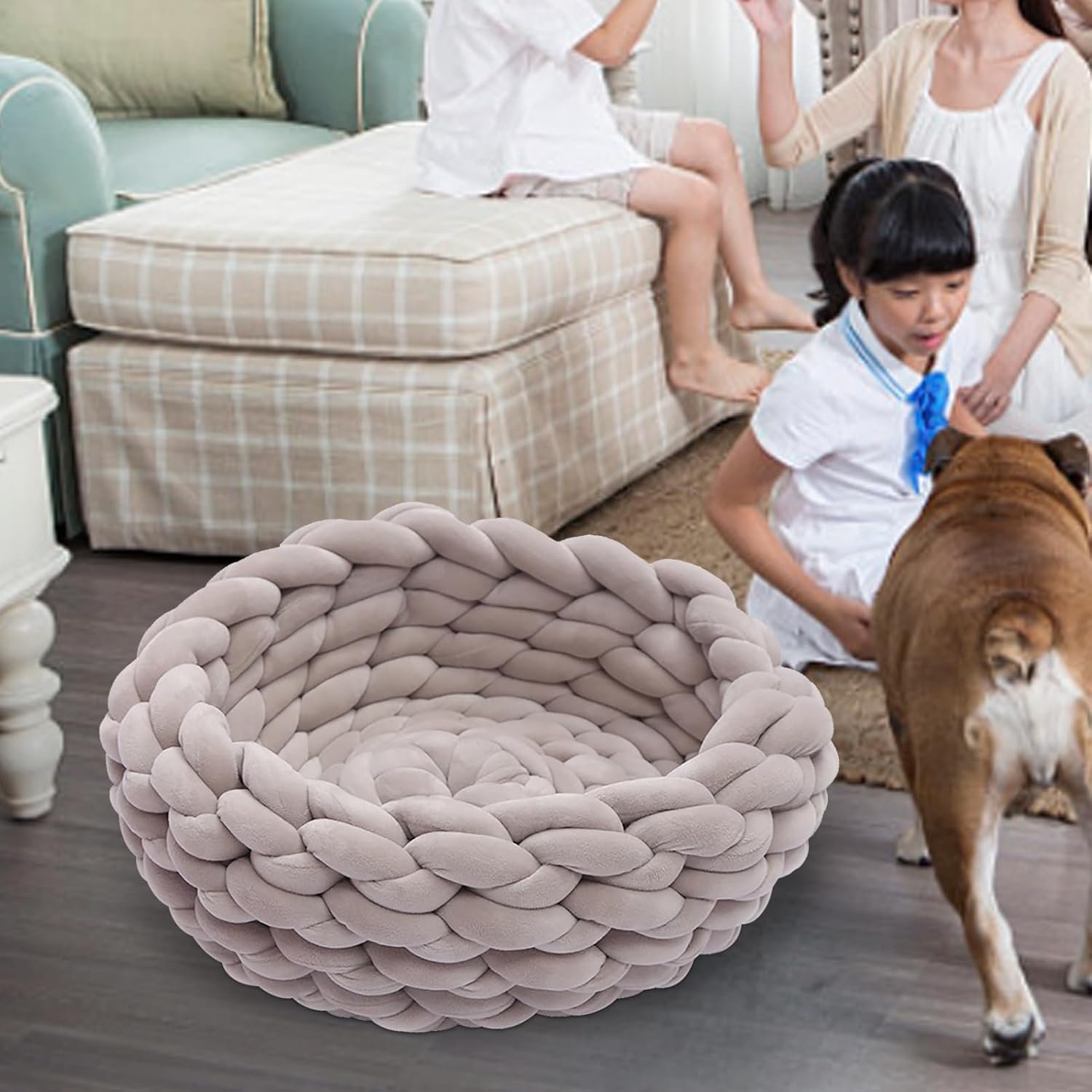 屋内猫のベッド -猫の寝室、柔らかい綿の丸い犬のバスケット | 手作りのチャンキーニットペットベッドバスケット、多目的子猫ベッド、犬の猫のための居心地の良いアームニット猫家具、( 15.7 インチ) - 이미지 3