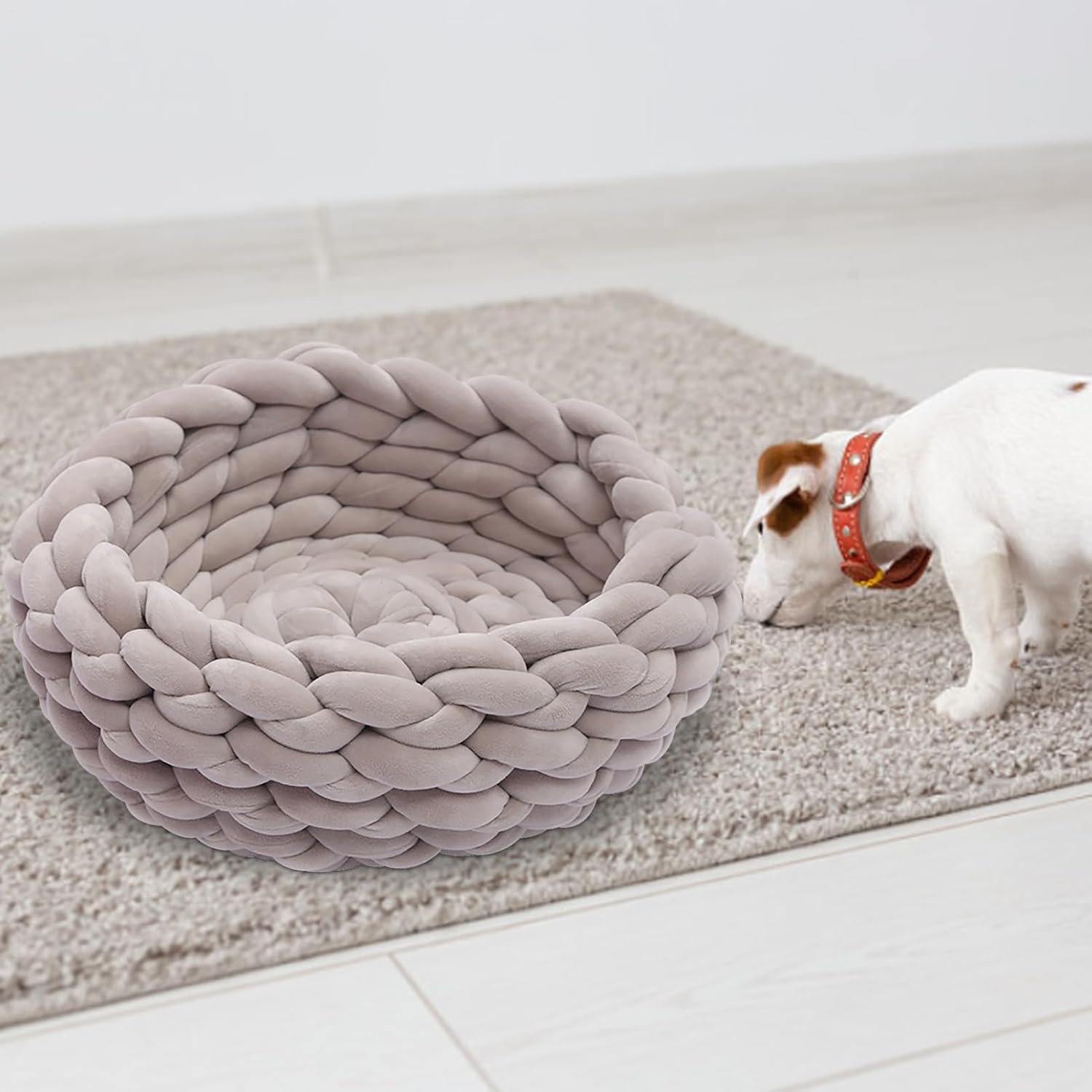 屋内猫のベッド -猫の寝室、柔らかい綿の丸い犬のバスケット | 手作りのチャンキーニットペットベッドバスケット、多目的子猫ベッド、犬の猫のための居心地の良いアームニット猫家具、( 15.7 インチ) - 이미지 2