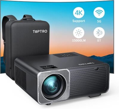 Toptro 5 Gwifi Home Projector、高輝度、15,000 LM、4K互換プロジェクター、1920 x 1080p解像度、4Dおよび4表面キーストーン補正、50％ズーム、小型プロジェクター、家庭用、大画面、大画面、