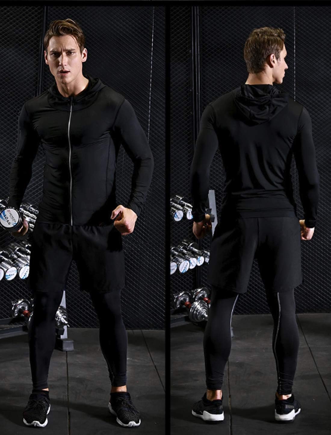 Foveitaa Men's Compression Clothing 5ピースセット、トレーニング摩耗、通気性、臭気耐性、スポーツウェア、パーカー、長袖シャツ、半袖シャツ、ショートパンツ、タイツ、汗吸収、クイックドライ - 이미지 6