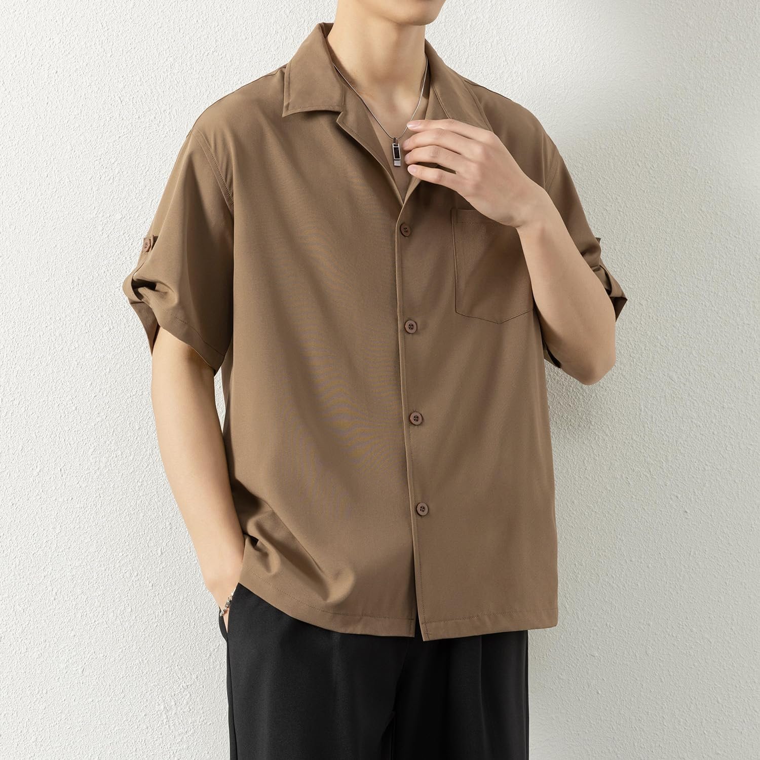 EasyKodeメンズオープンカラーシャツ、半袖、夏の服、オープンカラー、プレーンカラー、クール、ハーフスリーブトップ、カジュアル、クール、ファッショナブル、ロールアップ、カフの袖、男性用の人気のシャツ、春、そして春、そして - 이미지 3