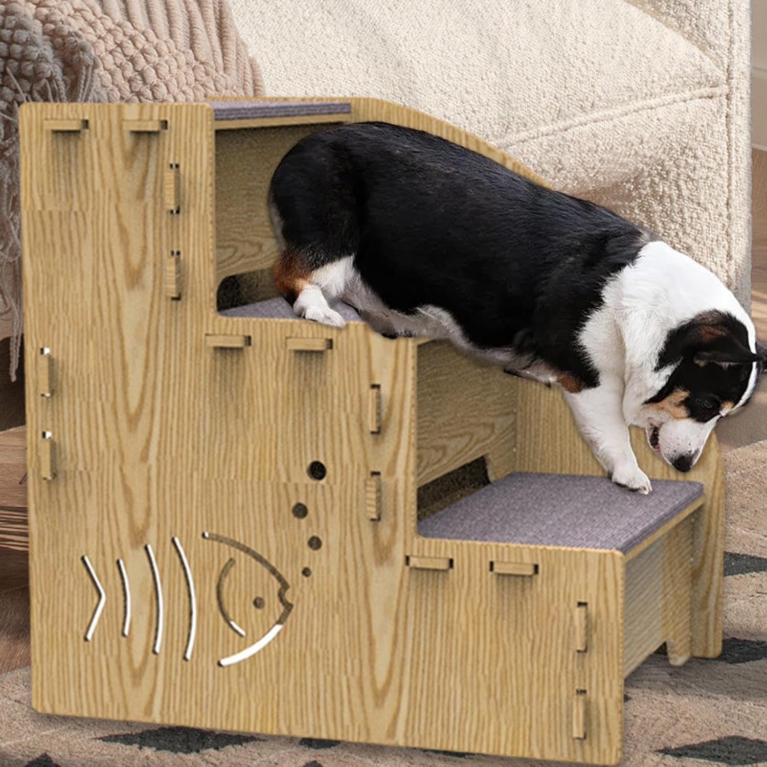 小型犬のペットステップ -屋内の木のランプ、滑り止め犬のはしご |安定した3 段階の登山階段、グリップカウチベッドのある小さなペットのコンパクトサポートランプ猫犬家具アクセスに使用する - 이미지 4