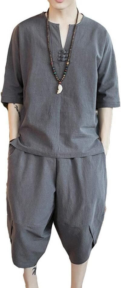 Foveitaa Summer Clothing Men’s Loungewear、日本の服、Tシャツ、3/4スリーブ、ヘンプシャツ、半袖、トップとボトムセット、トップ、ハーフパンツ、ショートパンツ、トップとボトム