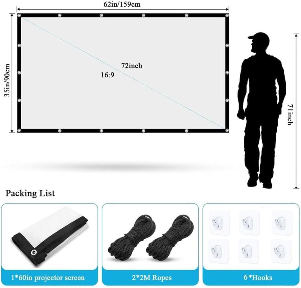 プロジェクタースクリーン、72インチ、大画面、吊り、16:9、軽量、折りたたみ可能、ポータブル、プロジェクション、ホームシアター、屋内、屋外、キャンプ、プロジェクションウォール、会議、学校フェスティバル、イージー - 이미지 7