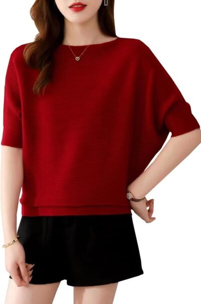 ネコラの女性用半袖ドルマンニットセーター、トップ、カットと縫製、ゆるいフィット感、夏のニット6色