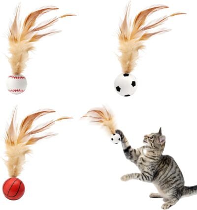 羽毛の猫のおもちゃのおもちゃボール、3パックの跳ね返り猫のボール、弾性ボール、猫の羽毛ボールおもちゃ、猫のおもちゃ、インタラクティブ、屋内使用、シングルプレイ、ストレスの緩和、運動不足、狩猟本能