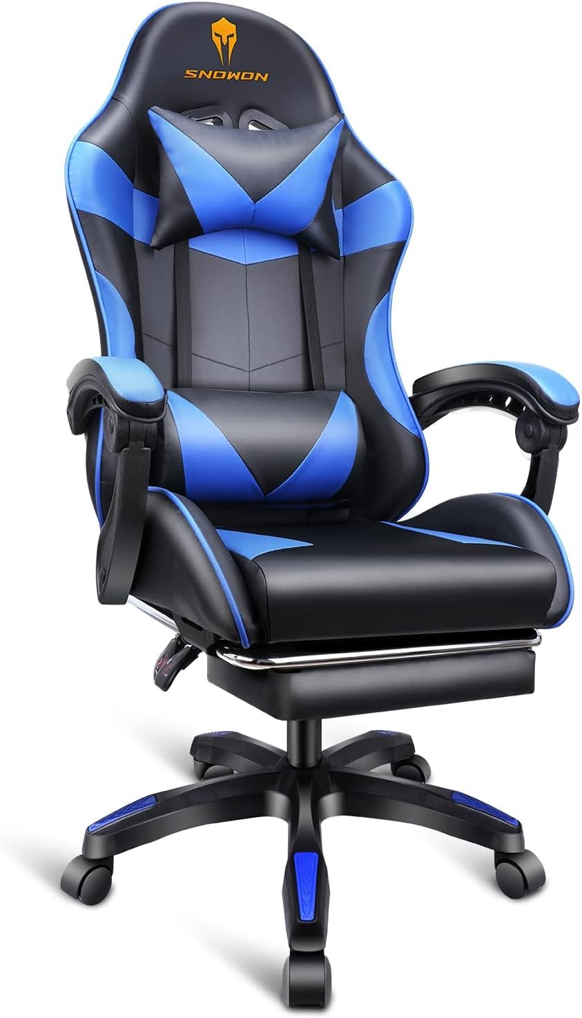 スノンゲームチェア、オフィスチェア、デスクチェア、ゲームチェア、リクライニングチェア、コンピューターチェア、ハイバック、ヘッドレスト、腰部サポート、アームレスト、調整可能な高さ、PUレザー(ブルー、オスマン)