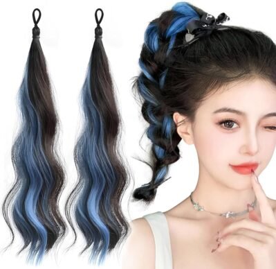 Chisafly Children’s Hair Extensionsポニーテールウィッグ2ピースメッシュ長い巻き巻き巻き毛の髪の耐火伸縮性勇敢なブレイドパンダンス(青)