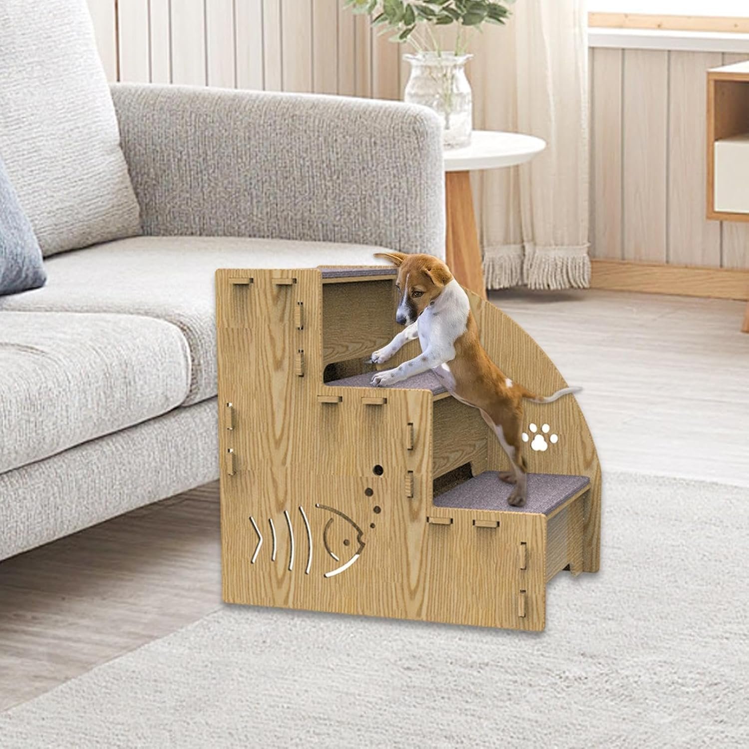 小型犬のペットステップ -屋内の木のランプ、滑り止め犬のはしご |安定した3 段階の登山階段、グリップカウチベッドのある小さなペットのコンパクトサポートランプ猫犬家具アクセスに使用する - 이미지 2
