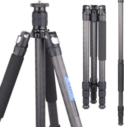 ArtCise炭素三脚、10層カーボンファイバー材料、軽量移動三脚、総高さ64.7インチ（1645 mm）、2023デザイン、1.1インチ（29 mm）パイプ直径、4段ナットロック、撮影三脚、