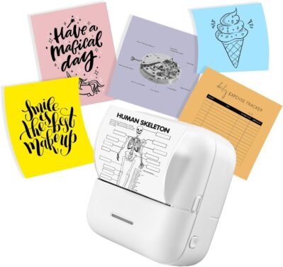 スマートフォンと互換性のあるポータブルミニプリンター、多機能の小さなサーマルプリンター、iOSおよびAndroid用のBluetooth接続、USB充電式、1200 mAh 200 dpiバッテリー、黒と黒と