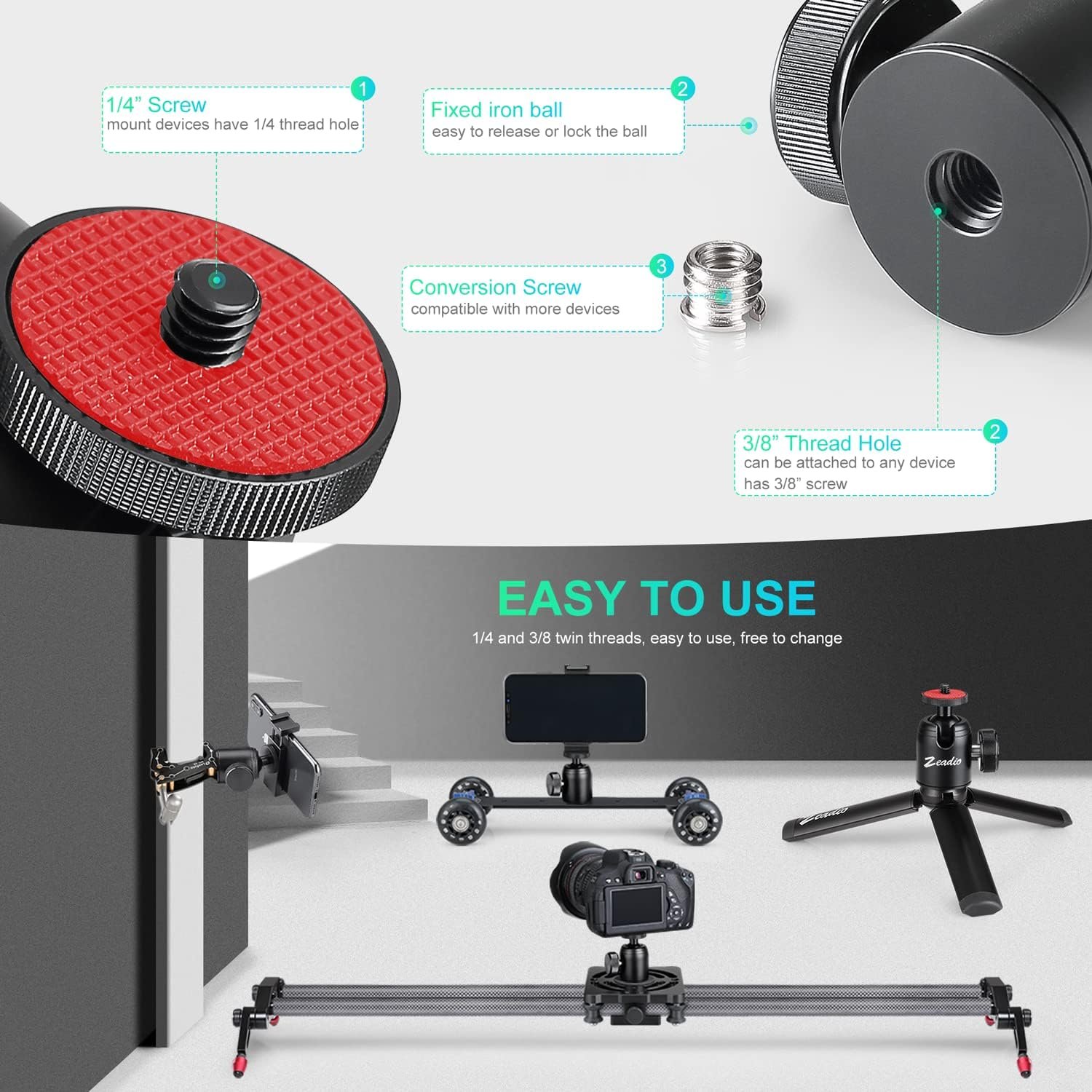 Zeadio Tripod Mini Head Metal Metal Mountアダプター1/4 "および3/8"のネジ穴、カムコーダー、DSLR、モノポッド、スライダー、三脚、セルフィースティックなど - 이미지 7