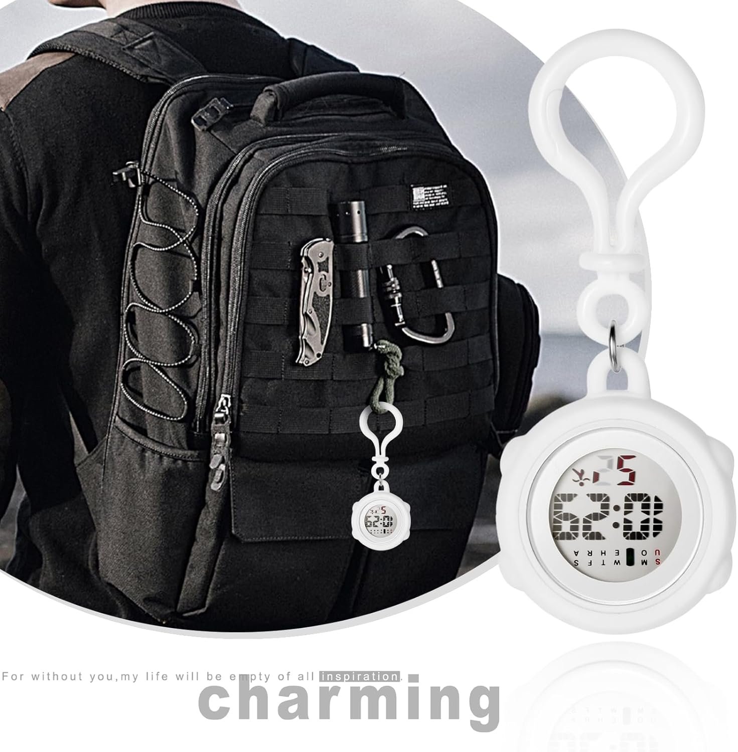 カラビナーウォッチ、キーチェーン、時計、デジタルシリコン:クリップウォッチ、ストップウォッチ、カレンダー、目覚まし時計、防水、懐中時計、スタイリッシュ - クライミング、エクスカーション、ランニング、スポーツ、屋外アクセサリー、ホワイト - 이미지 4