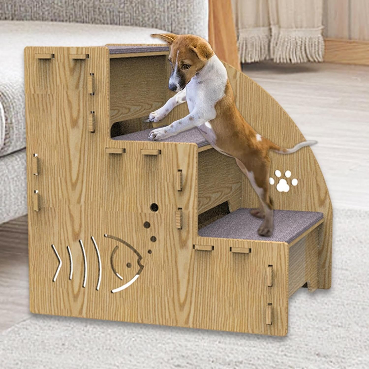 小型犬のペットステップ -屋内の木のランプ、滑り止め犬のはしご |安定した3 段階の登山階段、グリップカウチベッドのある小さなペットのコンパクトサポートランプ猫犬家具アクセスに使用する - 이미지 5