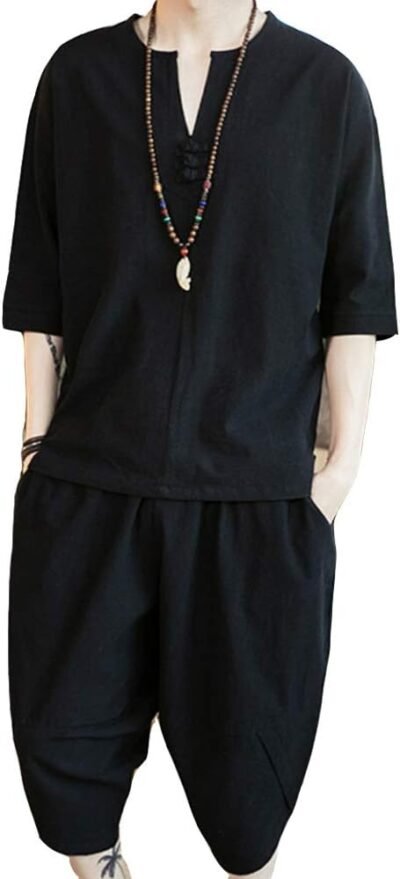 Foveitaa Summer Clothing Men’s Loungewear、日本の服、Tシャツ、3/4スリーブ、ヘンプシャツ、半袖、トップとボトムセット、トップ、ハーフパンツ、ショートパンツ、トップとボトム