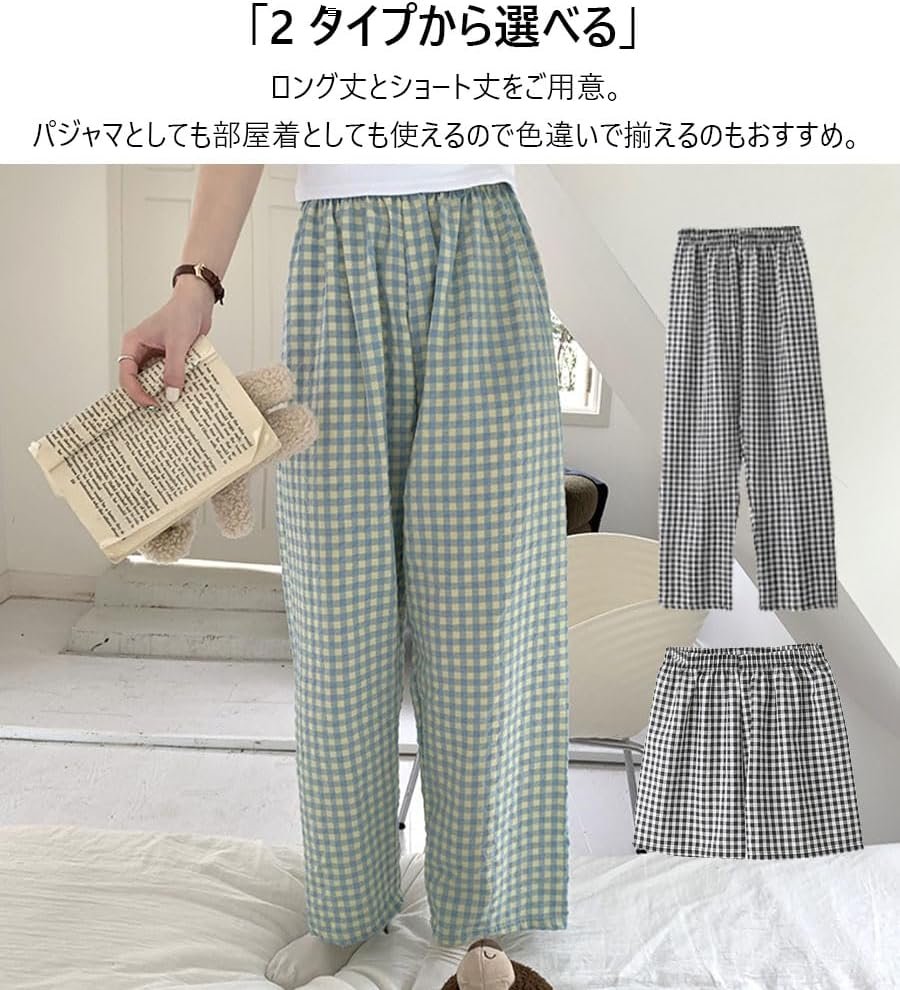 フォシーズレディースロングショーツ、ルームパンツ、ルームウェア、エラスティックウエスト、春、夏、薄い、チェック、ルーズ、キュート、カジュアル、リラックス - 이미지 5