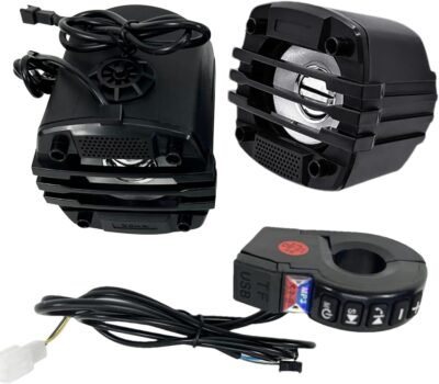 オートバイステレオシステム – 気象耐性ハンドルバーバウンドキット|屋外ライディングエクスペリエンスのための増幅されたオーディオパフォーマンスを備えたワイヤレススピーカーペア
