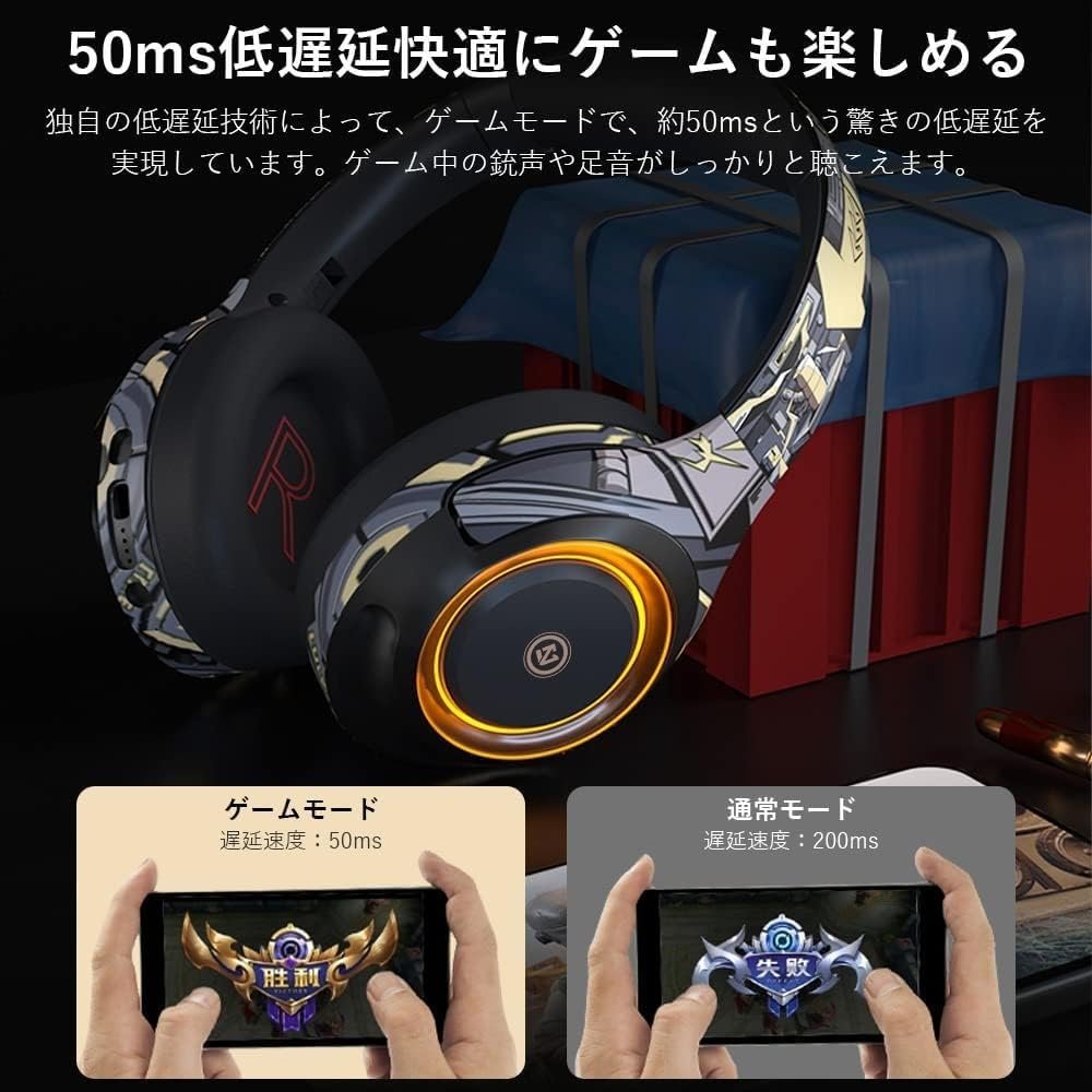 OKCSC A2ゲーミングヘッドセット、ワイヤレス、有線およびワイヤレス、囲まれたタイプ、SDカード互換、低レイテンシ、約50時間の継続的使用、折りたたみ可能、落書きスタイル、互換性のある - 이미지 4