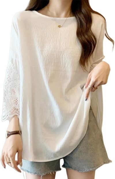 メロノカル女性のレース3/4スリーブTシャツ、表面の変化、ルーズフィット、夏、ボディカバー、スイッチング、クール、大きなサイズ、ドロップショルダー、カジュアル、かわいい、夏のトップス