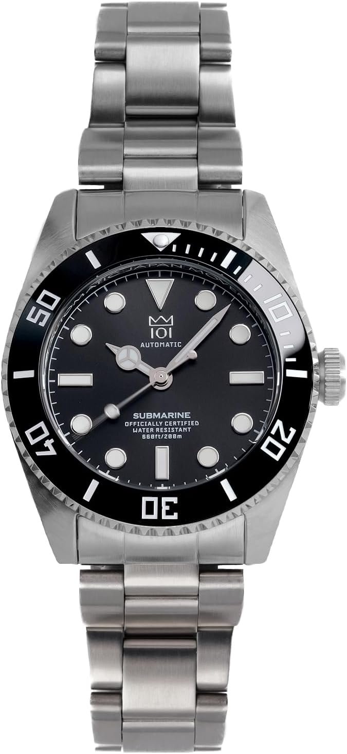 Hyakuichi 101 No.16n Hyakuichi 1.5インチ(38 mm)20 ATM耐水性自動ダイバーウォッチセラミックベゼル非日付メカニカルリストウォッチ自動黒人男性女性ユニセックス、ブラック、クラシック