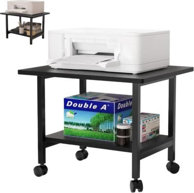 デューエルプリンタースタンド、2層、キャスター、幅18.9 x深さ15.7 x高さ14.6インチ（48 x 40 x 37 cm）、プリンターラック、デスクトップアンダーデスクストレージ、プリンターワゴン、木材、総負荷容量66.1ポンド