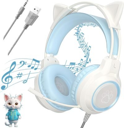かわいいヘッドフォン、ゲームヘッドフォン、猫の耳ヘッドフォン、ゲームヘッドセット、女の子、LEDライト、色の変化、0.1インチ（3.5 mm）有線、6.6フィート（2 m）ケーブル、望遠鏡ヘッドフォン、耳ヘッドフォン、360°