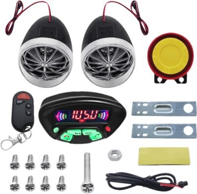 オートバイステレオスピーカー – コンパクトな防水サウンドシステム、ヘビーデューティミュージックアンプ|リモートコントロールオーディオデバイス、盗難防止MP3アラーム、ライディング、ツーリング、屋外ハンドルマウントラジオ