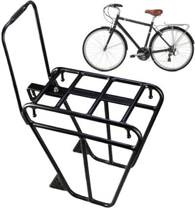 フロントバイクラック – アルミニウム合金自転車荷物キャリア|ツーリング、通勤、釣り、フィットネス、アウトドアアドベンチャーのための耐久性のあるサイクリングギア|バックパックと機器用のフロントマウントラック
