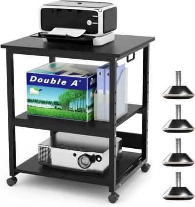 デューエルプリンターベース、高さ27.6 x幅23.6 x深さ19.7インチ（70 x 60 x 50 cm）、プリンターワゴン、3層、キャスター、総負荷容量198.4ポンド（90 kg）、調整可能な中央棚、木製、