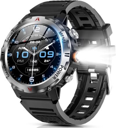 Smart Watch（2025 Industry New、Military Standards、Flashlight）、Bluetooth 5.3通話、着信/ライン、アプリ通知、IP68ダストプルーフ、防水、スポーツウォッチ、100+エクササイズモード、GPS