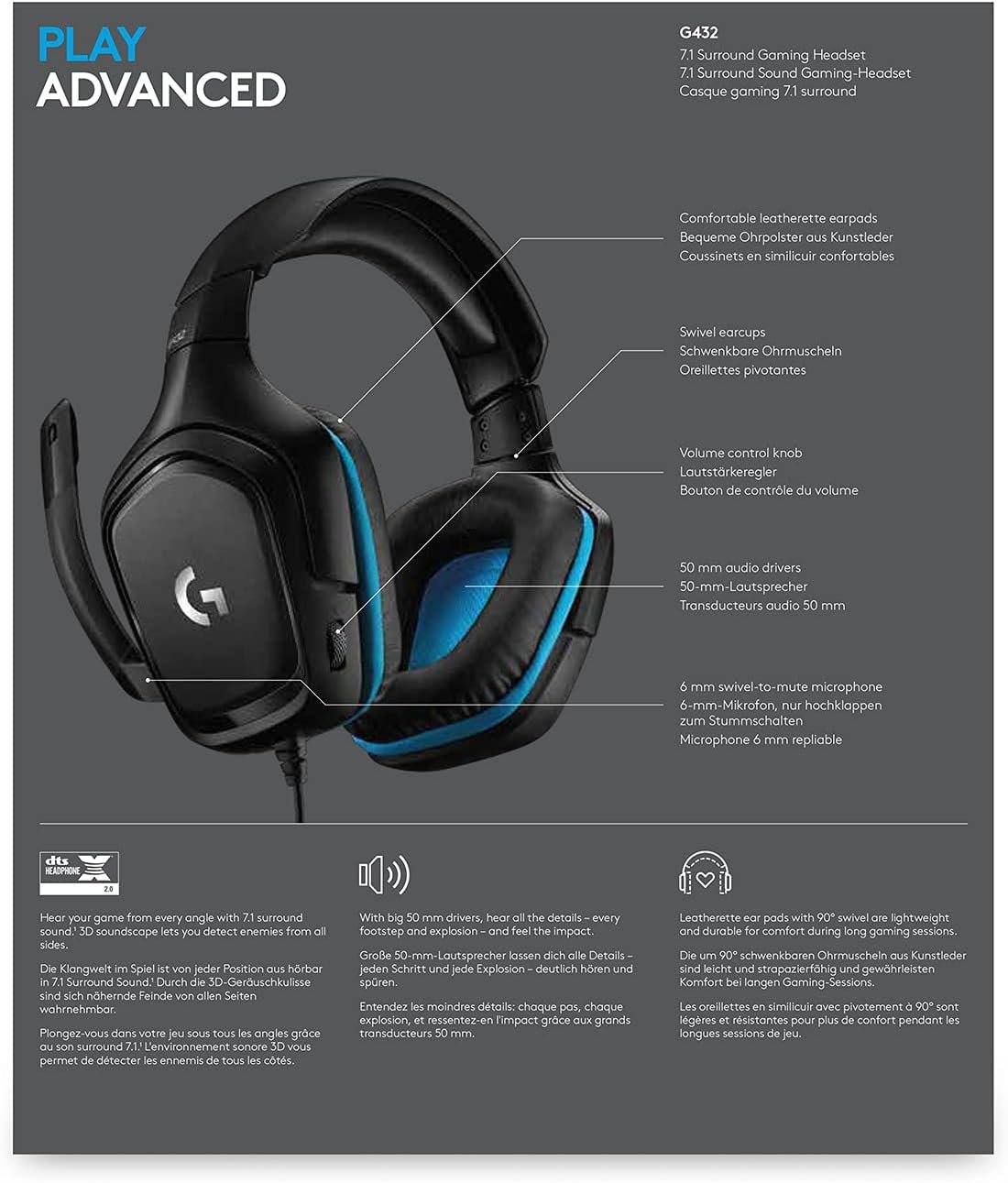 Logitech G432バイノーラルヘッドバンドブラック、青 - 이미지 8
